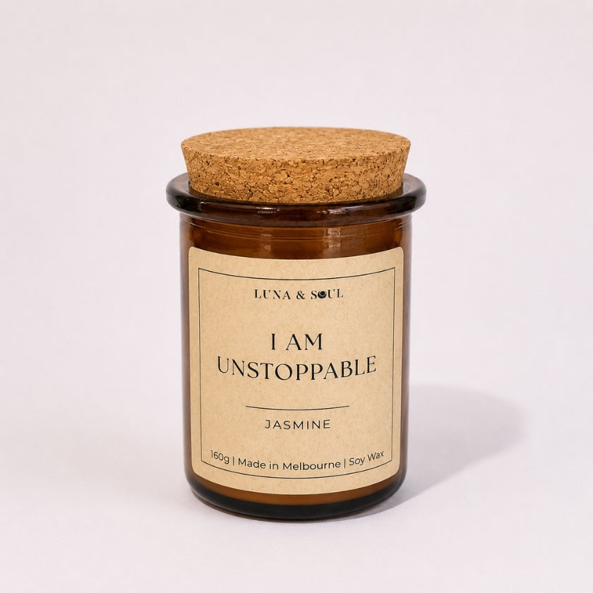 Luna and Soul I Am Unstoppable Jasmine affirmation soy wax candle in amber glass jar handmade in Melbourne