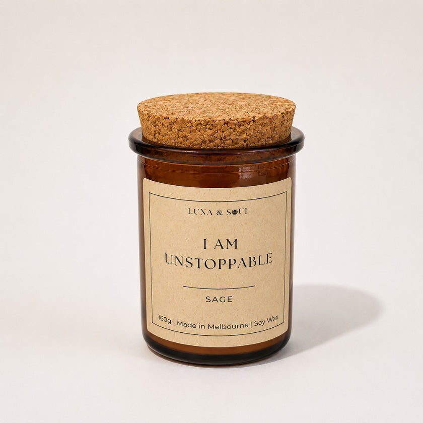 Luna and Soul I Am Unstoppable Sage affirmation soy wax candle in amber glass jar handmade in Melbourne