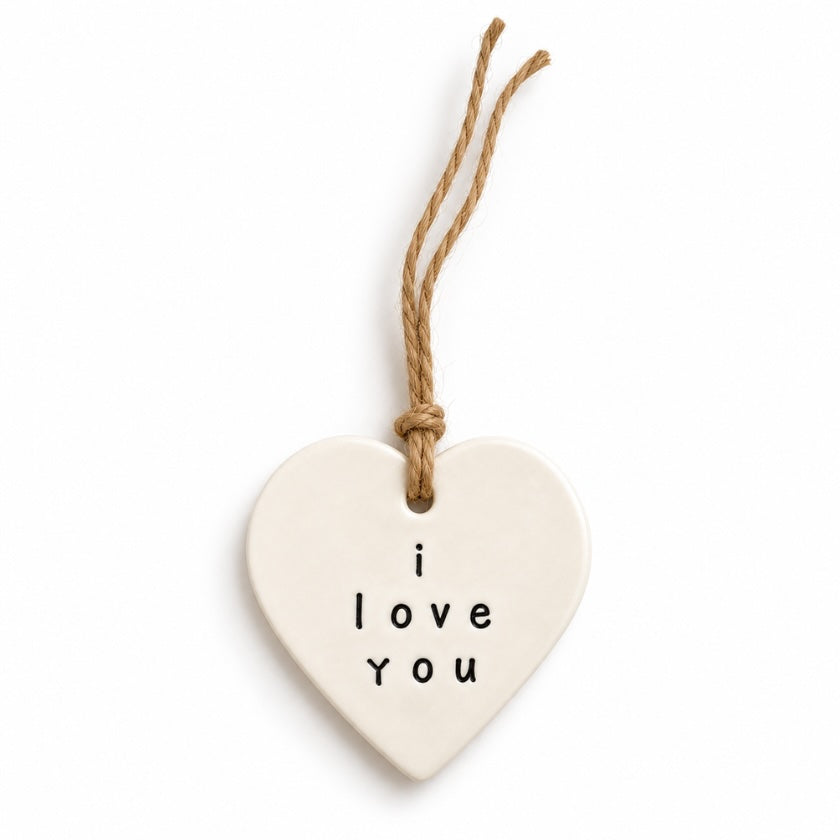 Cream I Love You ceramic heart tag with natural twine by Luna &amp; Soul.