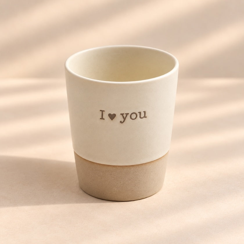 I Love You hand-glazed ceramic mug in soft natural cream with heart message and earthy base.