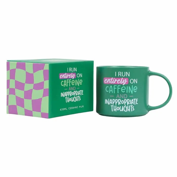 Green I run entirely on caffeine and inappropriate thoughts ceramic mug with matching gift box.