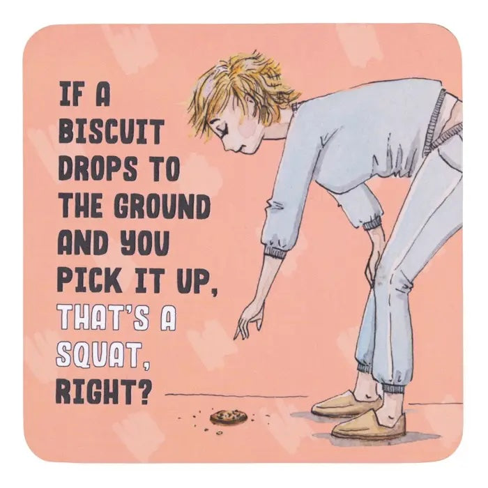 If a Biscuit Drops coffee coaster with peach background and hand-drawn woman picking up a biscuit.