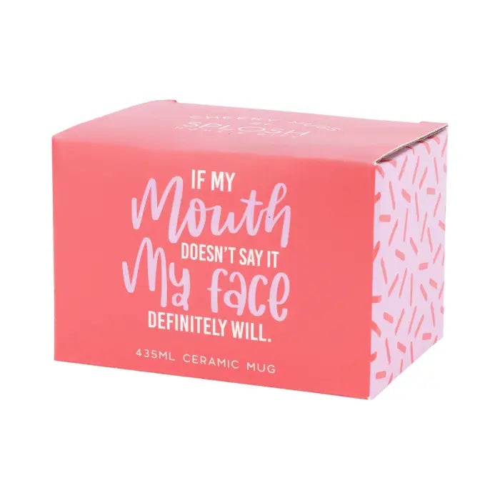 Gift box of Coral red 390ml ceramic mug with If my mouth doesn’t say it my face definitely will cheeky quote.