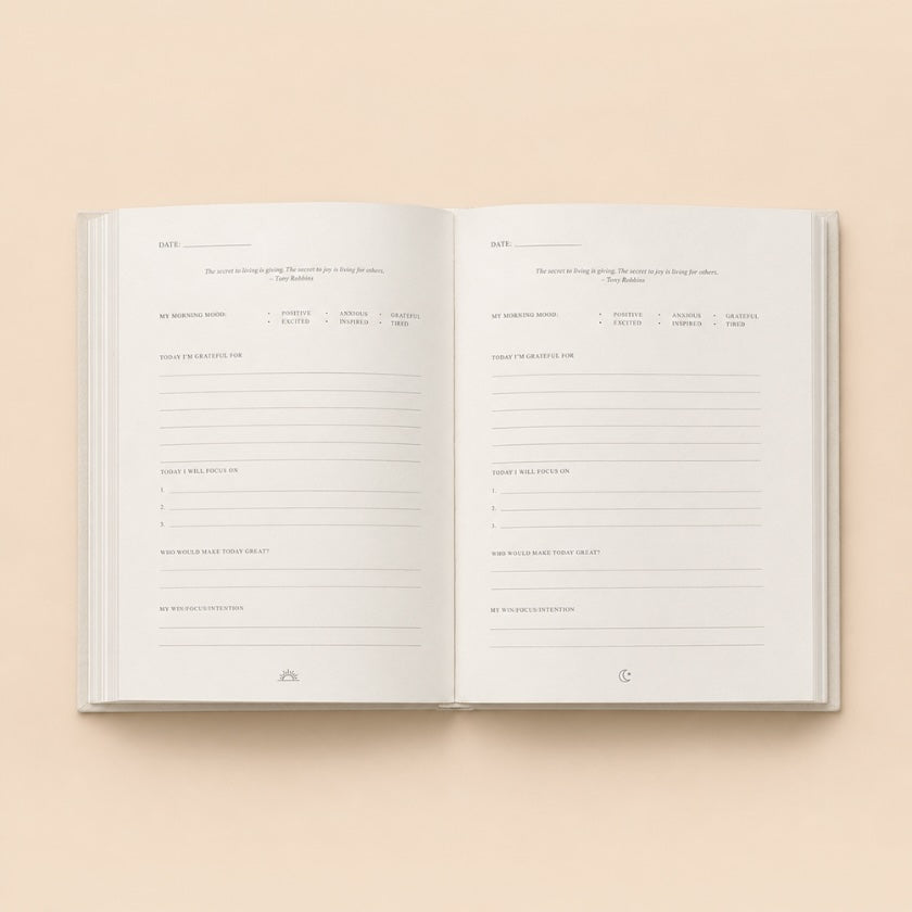 Open pages of In the Mood for Gratitude Journal showing morning and evening prompt layout.