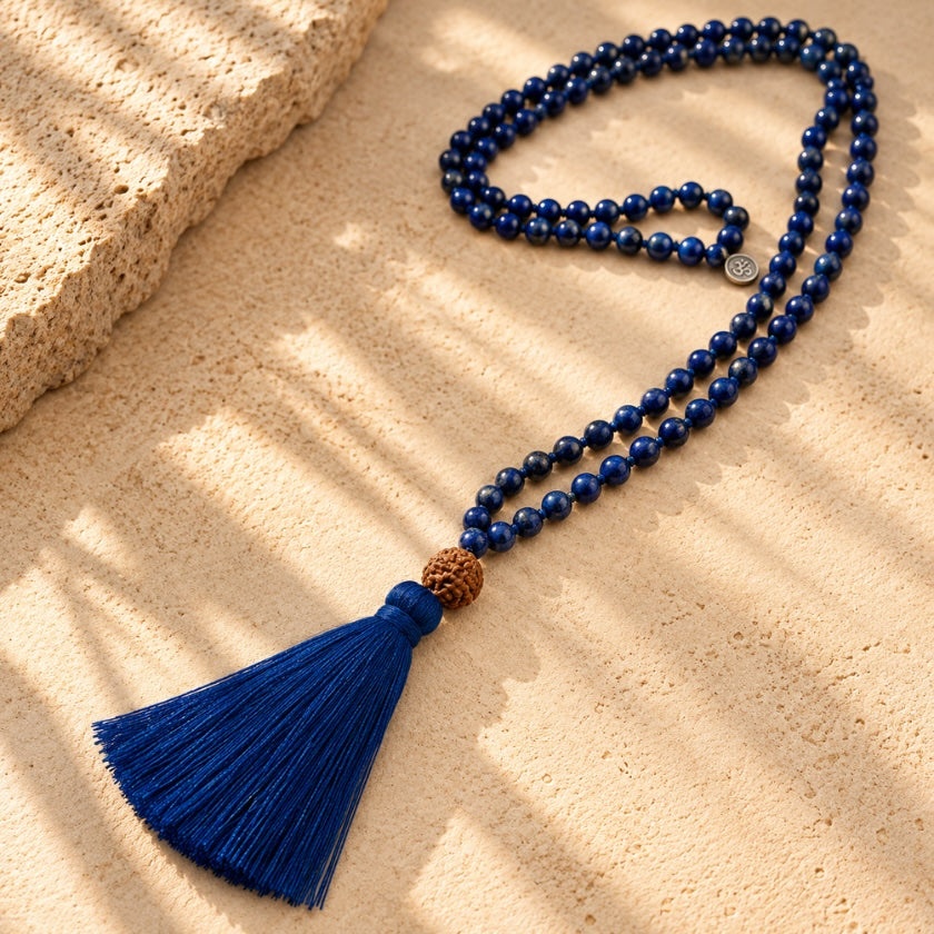 Lapis Lazuli and Rudraksha 108 bead mala necklace with cotton tassel and silver plated AUM charm.