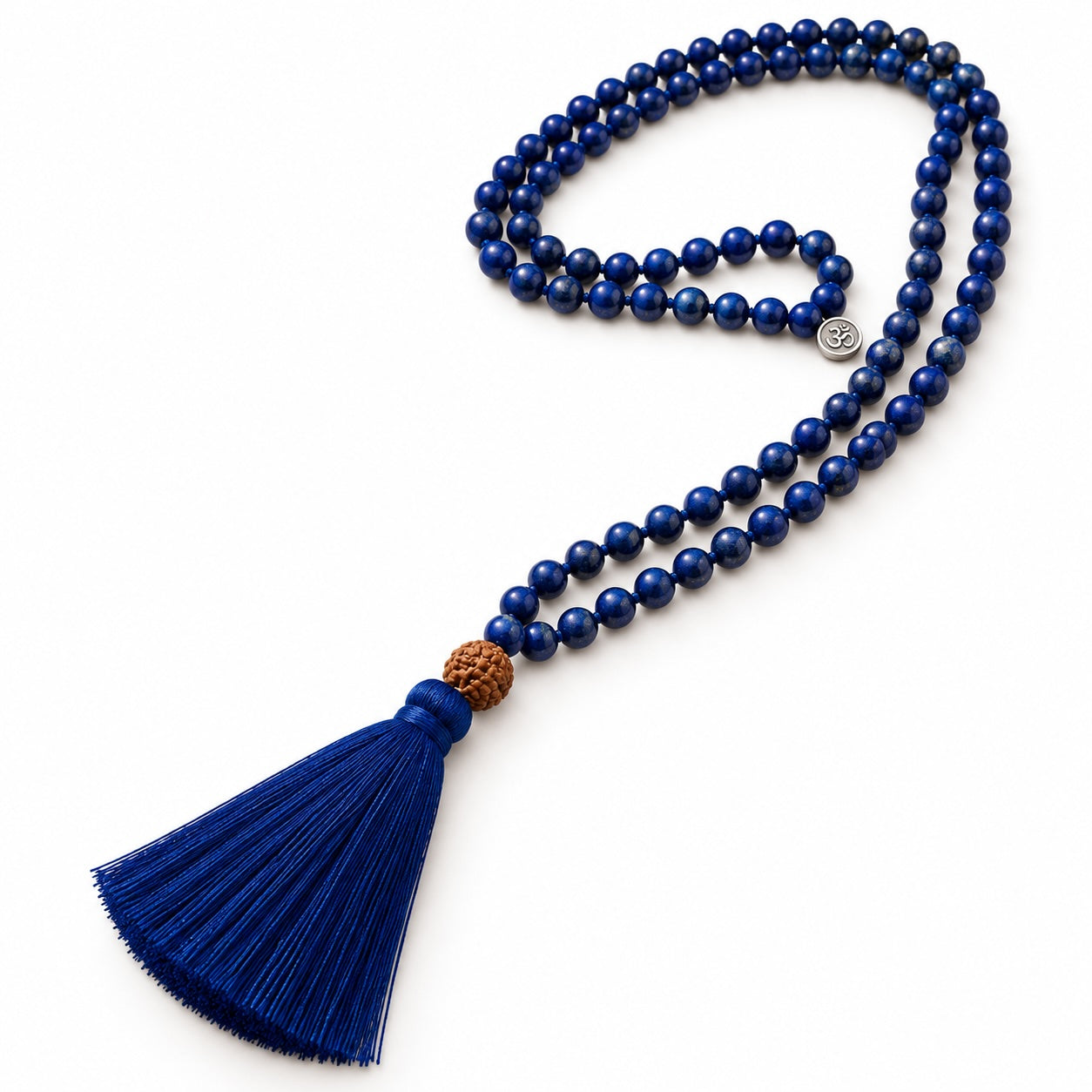 Lapis Lazuli and Rudraksha 108 bead mala necklace with cotton tassel and silver plated AUM charm.