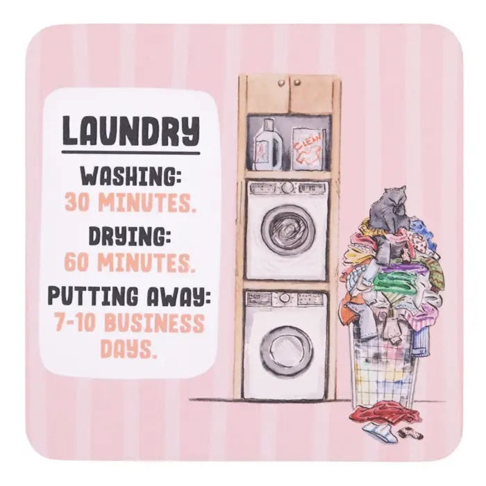 Laundry coffee coaster with pink background, washing machine, laundry basket and hand-drawn cat.