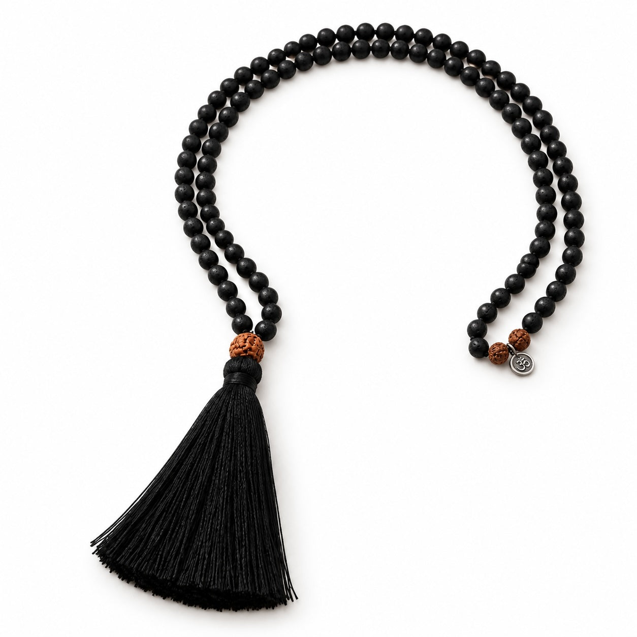 Lava and Rudraksha 108 bead mala necklace with silver plated AUM charm.