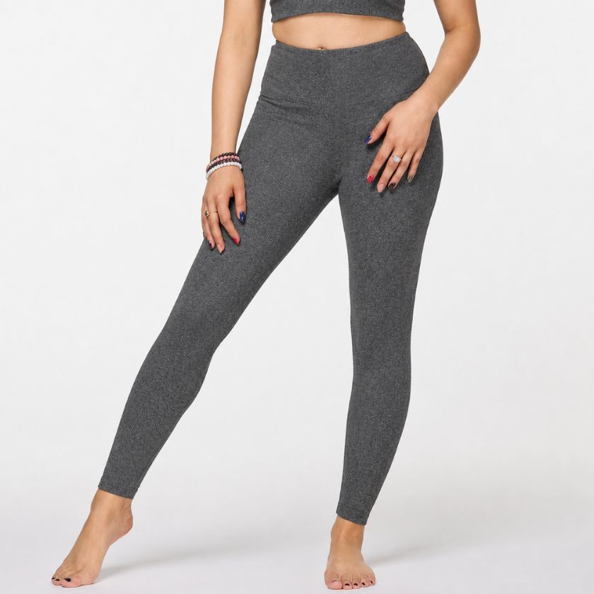 Luna & Soul Long Leg Leggings in dark grey made from breathable organic cotton with a supportive high-waisted fit for yoga and Pilates.