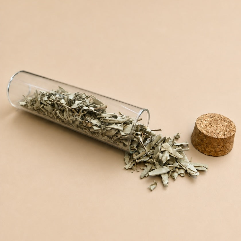 Luna & Soul loose white sage in a reusable glass jar containing 20g of natural white sage for meditation, mindfulness and smoke cleansing rituals.