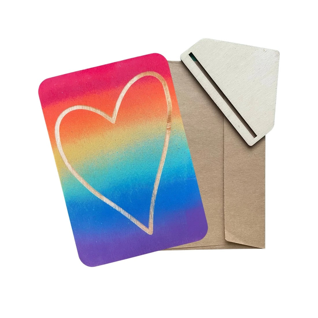 Love Is Love rainbow heart wooden greeting card handmade in Sydney from FSC certified plywood with colourful gradient design.