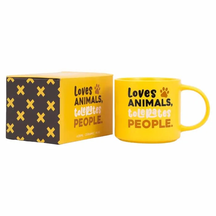 Yellow Loves animals tolerates people ceramic mug with matching gift box.