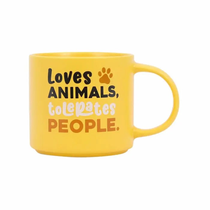 Yellow ceramic mug with Loves animals tolerates people cheeky saying.