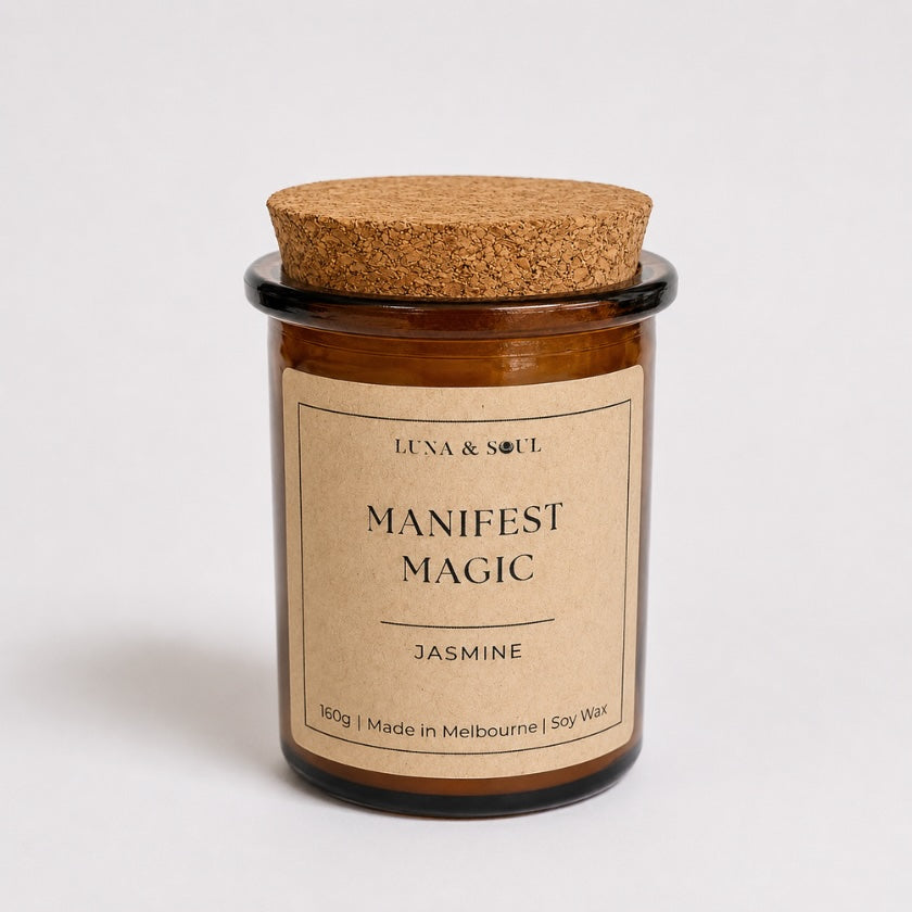 Luna and Soul Manifest Magic Jasmine affirmation soy wax candle in amber glass jar handmade in Melbourne