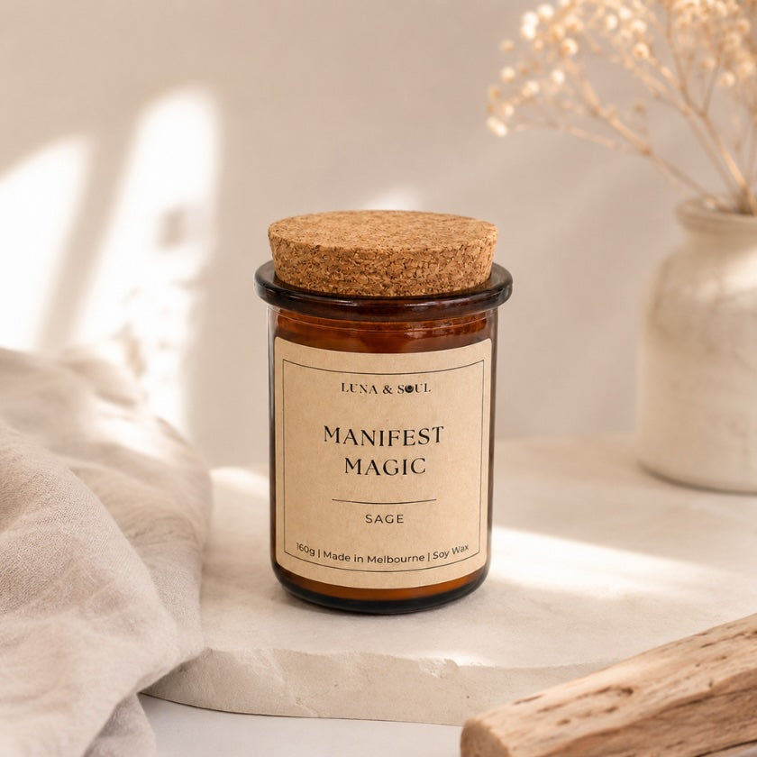 Luna and Soul Manifest Magic affirmation soy wax candle in amber glass jar handmade in Melbourne