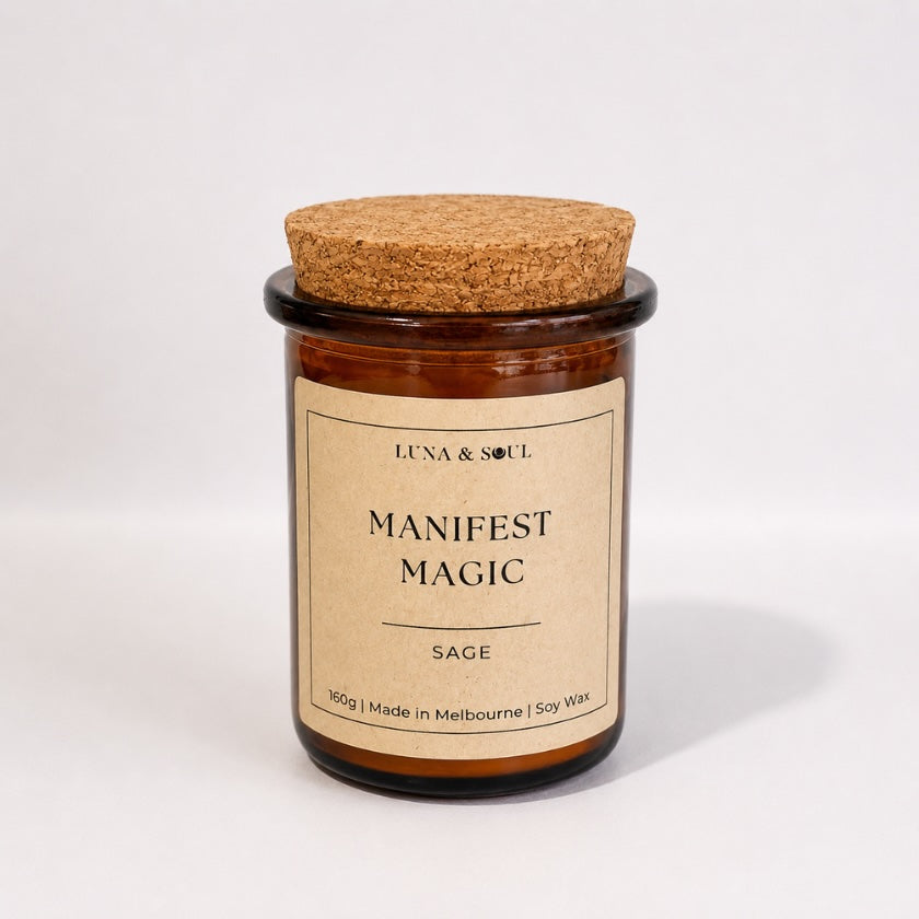 Luna and Soul Manifest Magic Sage affirmation soy wax candle in amber glass jar handmade in Melbourne