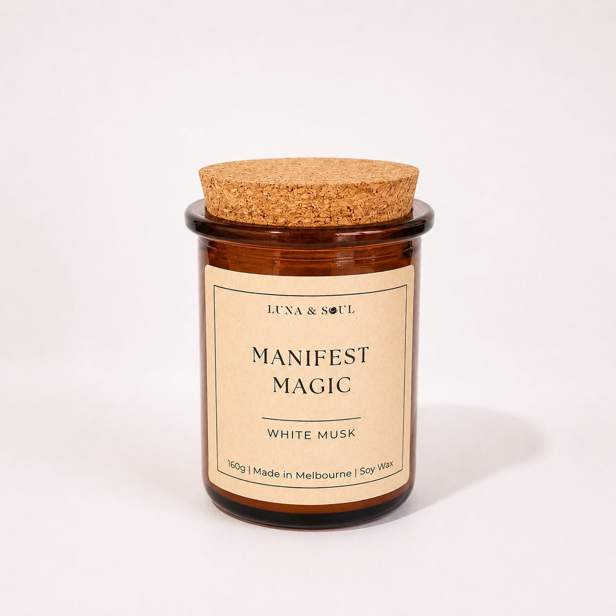 Luna and Soul Manifest Magic White Musk affirmation soy wax candle in amber glass jar handmade in Melbourne