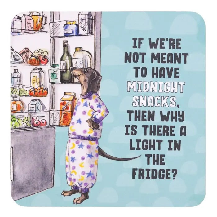 Midnight Snacks coffee coaster with aqua background and hand-drawn dog looking inside an open fridge.