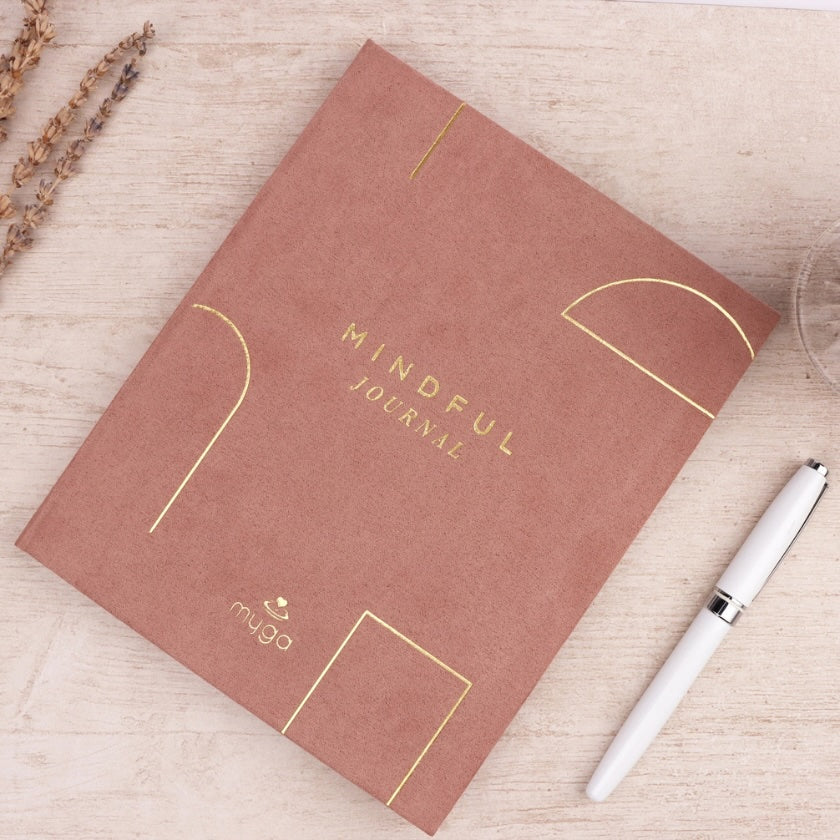 Mindful Journal with rose suede hard cover and gold foil detailing.