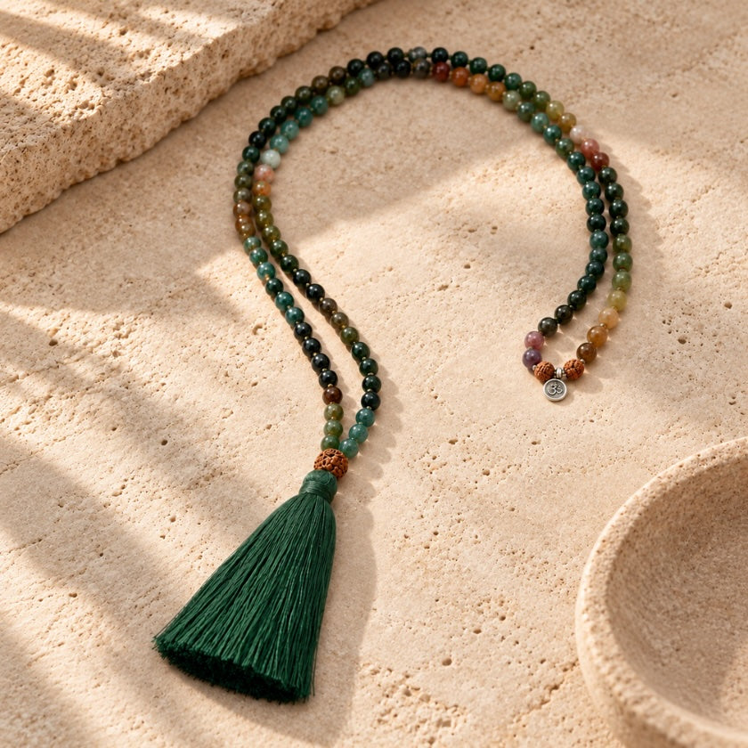 Handmade Moss Agate 108 bead mala necklace with Rudraksha guru bead, AUM charm and green tassel