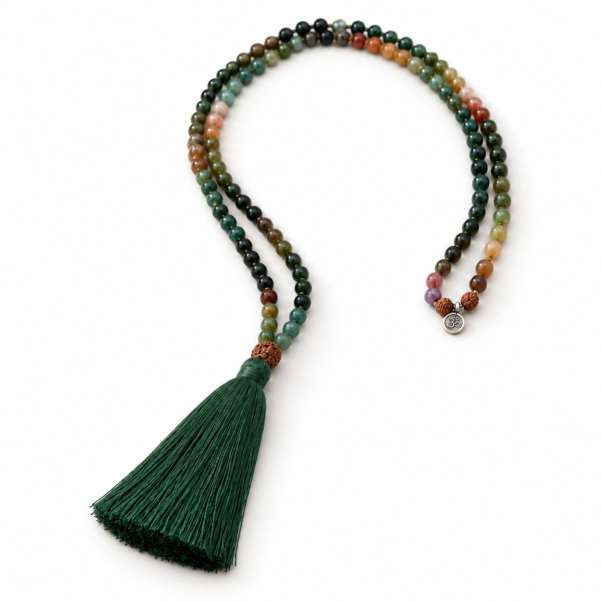 Handmade Moss Agate 108 bead mala necklace with Rudraksha guru bead, AUM charm and green tassel.