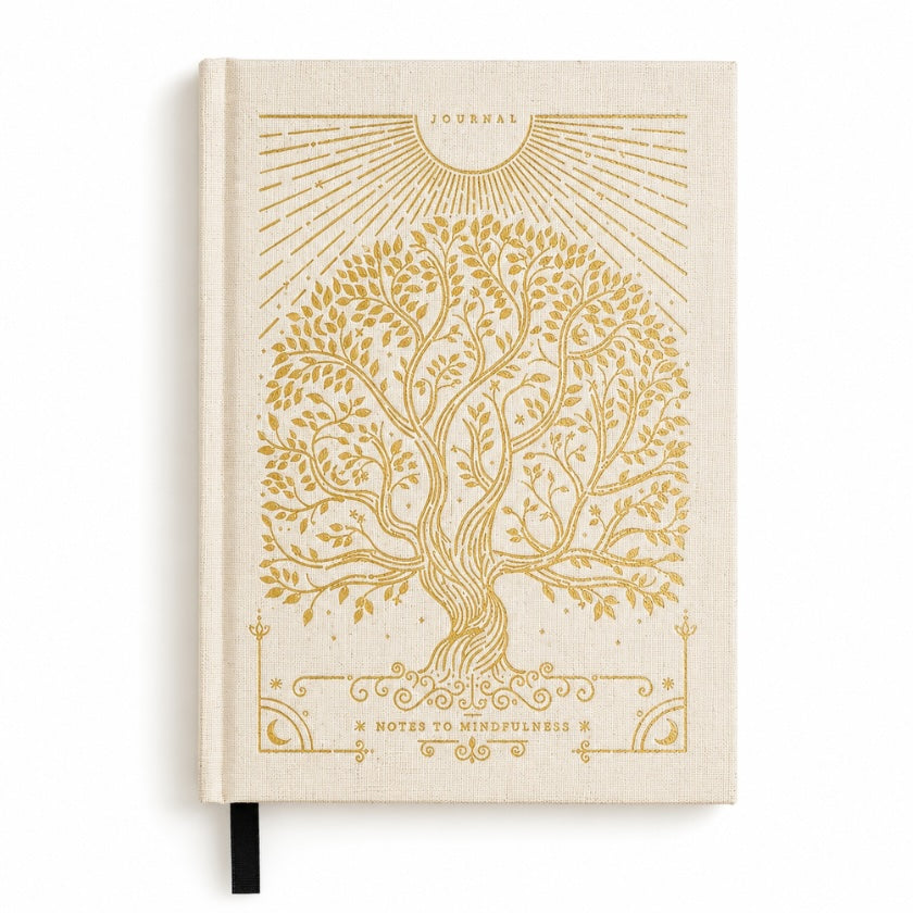 Natural linen mindfulness journal with gold foil tree of life illustration, celestial details and “Notes to Mindfulness” text.