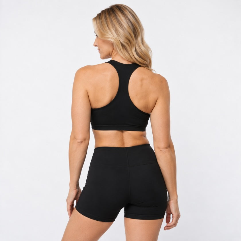 Back view of Luna &amp; Soul Black Om Bra showing racerback detail.