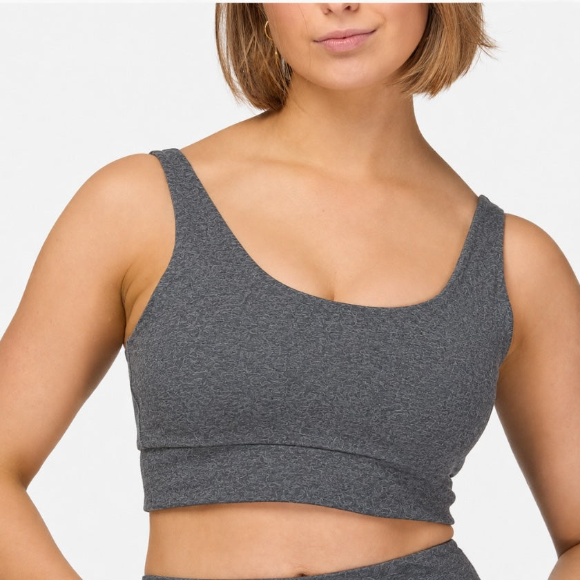 Dark grey organic cotton yoga bra from Luna &amp; Soul