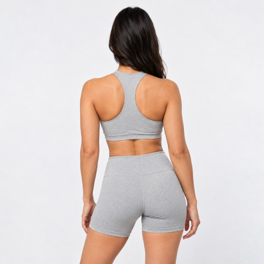 Back view of Luna &amp; Soul Grey Om Bra showing racerback detail.