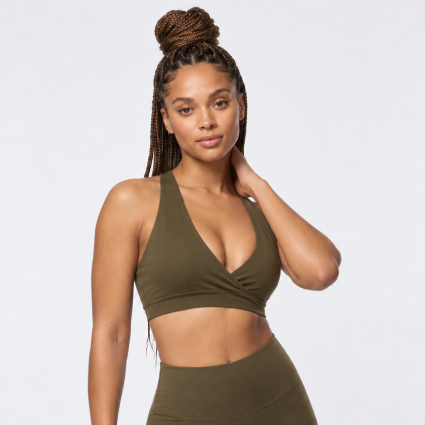 Close up of Luna &amp; Soul Khaki Om Bra showing racerback detail.