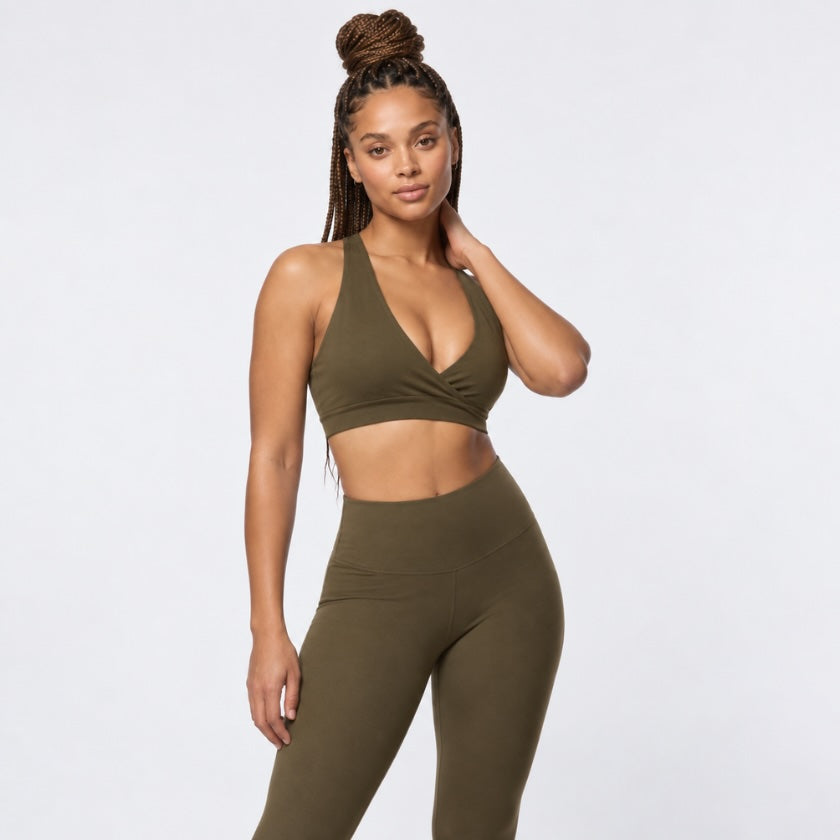 Luna &amp; Soul organic cotton Om Bra in Khaki front view.