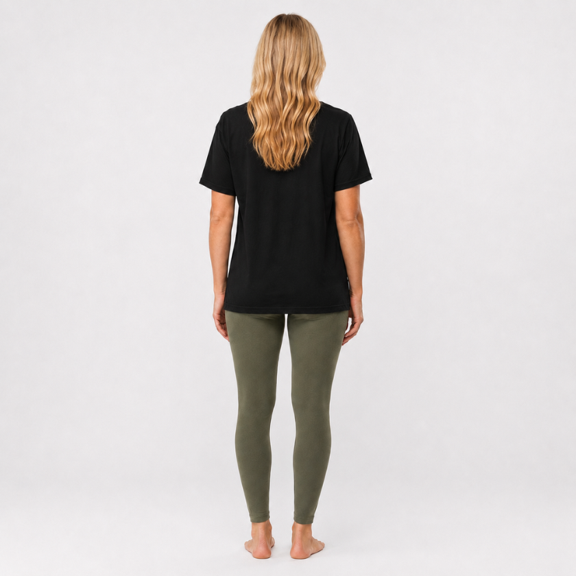 Back view of Luna &amp; Soul Organic Cotton T-Shirt in black — organic cotton yoga top
