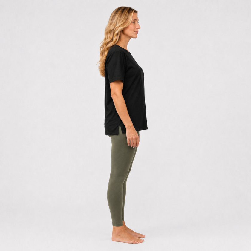 Side view of Luna &amp; Soul Organic Cotton T-Shirt in black — organic cotton activewear made in Australia
