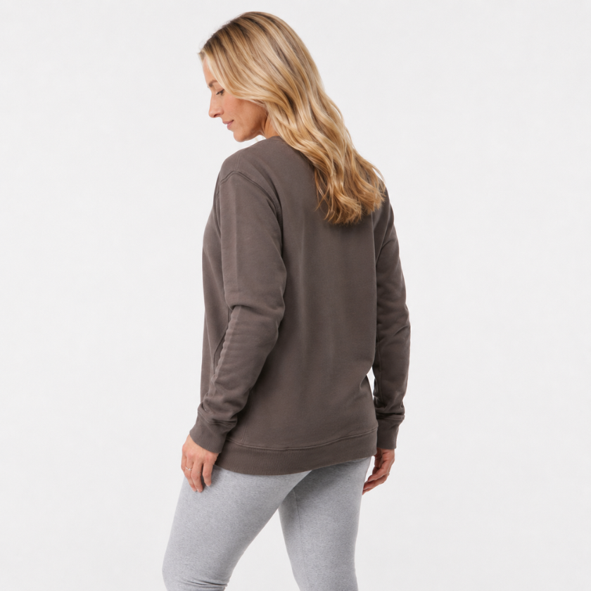 Side- view of Luna &amp; Soul Shavasana Jumper in brown— organic cotton jumper