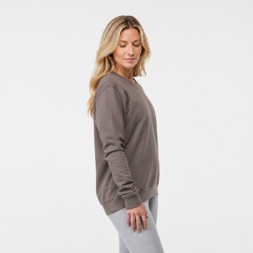 Three-quarter view of Luna &amp; Soul Shavasana Jumper in brown— organic cotton jumper