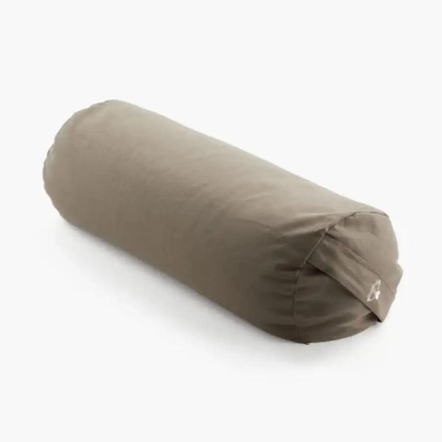 Luna &amp; Soul organic cotton yoga bolster in brown with cylindrical design for restorative yoga and meditation.
