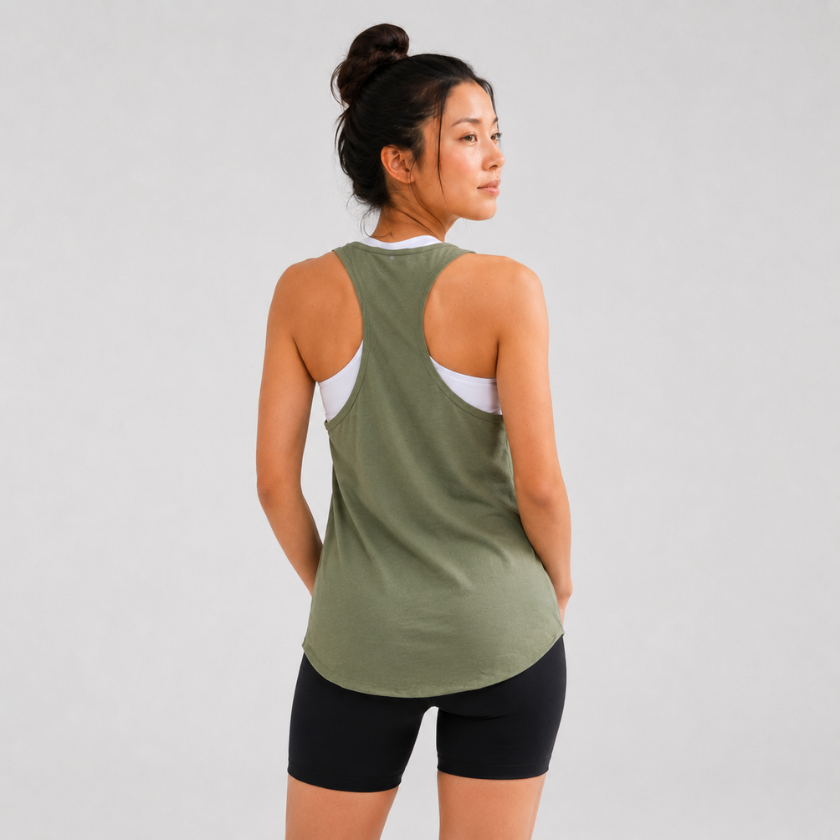 back view of Luna &amp; Soul Zen Tank Top in sage green, organic cotton activewear
