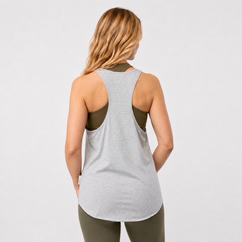 Back view of Luna &amp; Soul Zen Tank Top in grey — organic cotton yoga tank