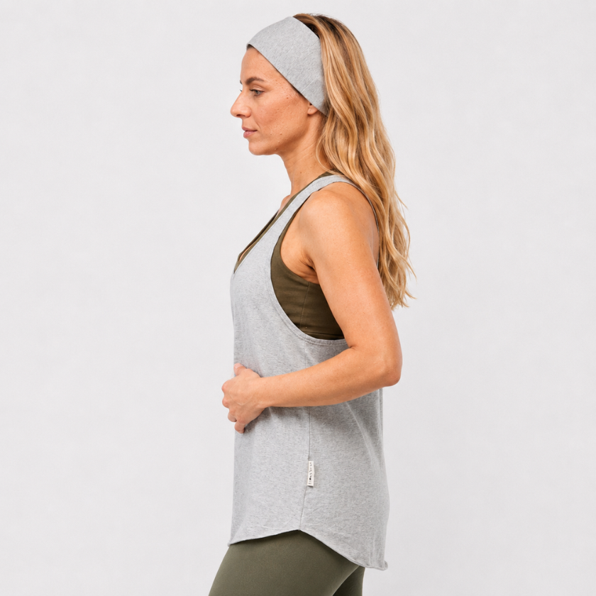 Side view of Luna &amp; Soul Zen Tank Top in grey with headband — organic cotton activewear
