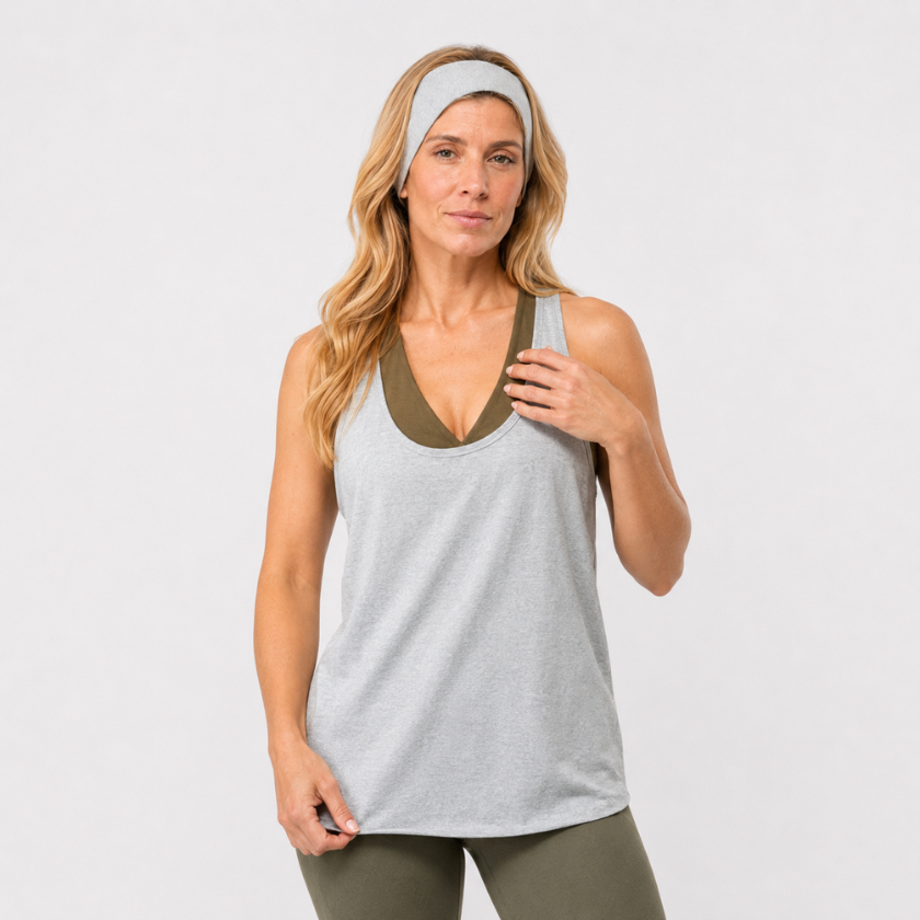 Three-quarter front view of Luna &amp; Soul Zen Tank Top in grey — organic cotton activewear