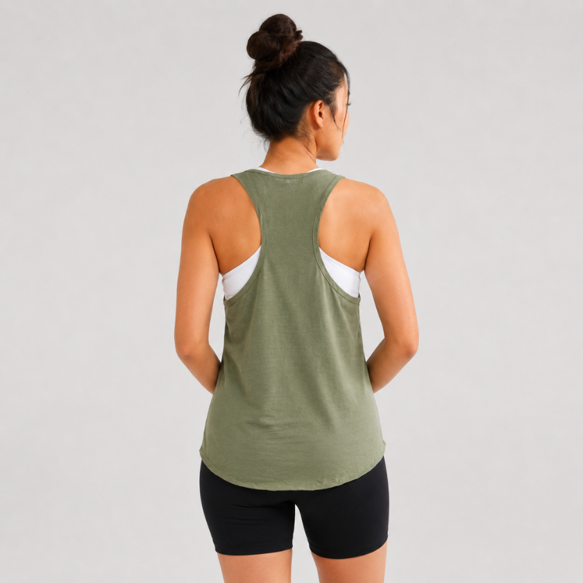 Relaxed front view of Luna &amp; Soul Zen Tank Top in green, organic cotton activewear