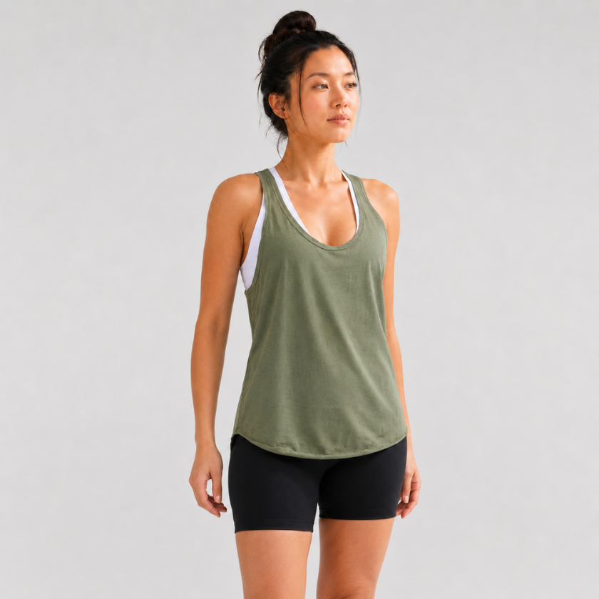 Three-quarter back view of Luna &amp; Soul Zen Tank Top in khaki, organic cotton yoga tank