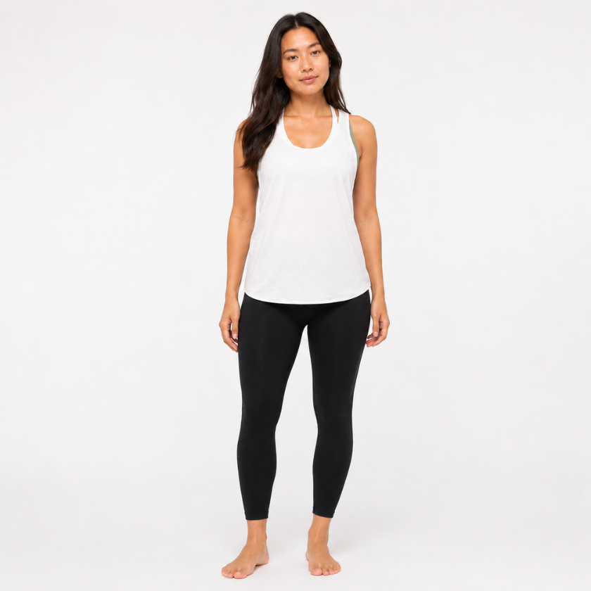 Relaxed front view of Luna &amp; Soul Zen Tank Top in white, organic cotton activewear