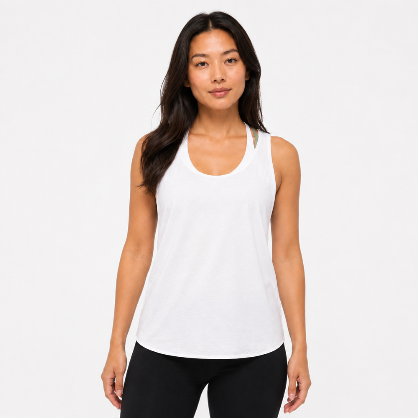Front view of Luna &amp; Soul Zen Tank Top in white, organic cotton yoga tank