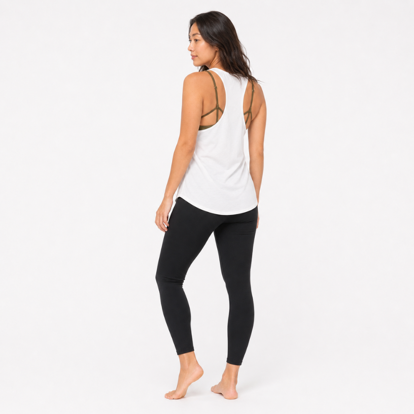 Three-quarter back view of Luna &amp; Soul Zen Tank Top in white, organic cotton yoga tank