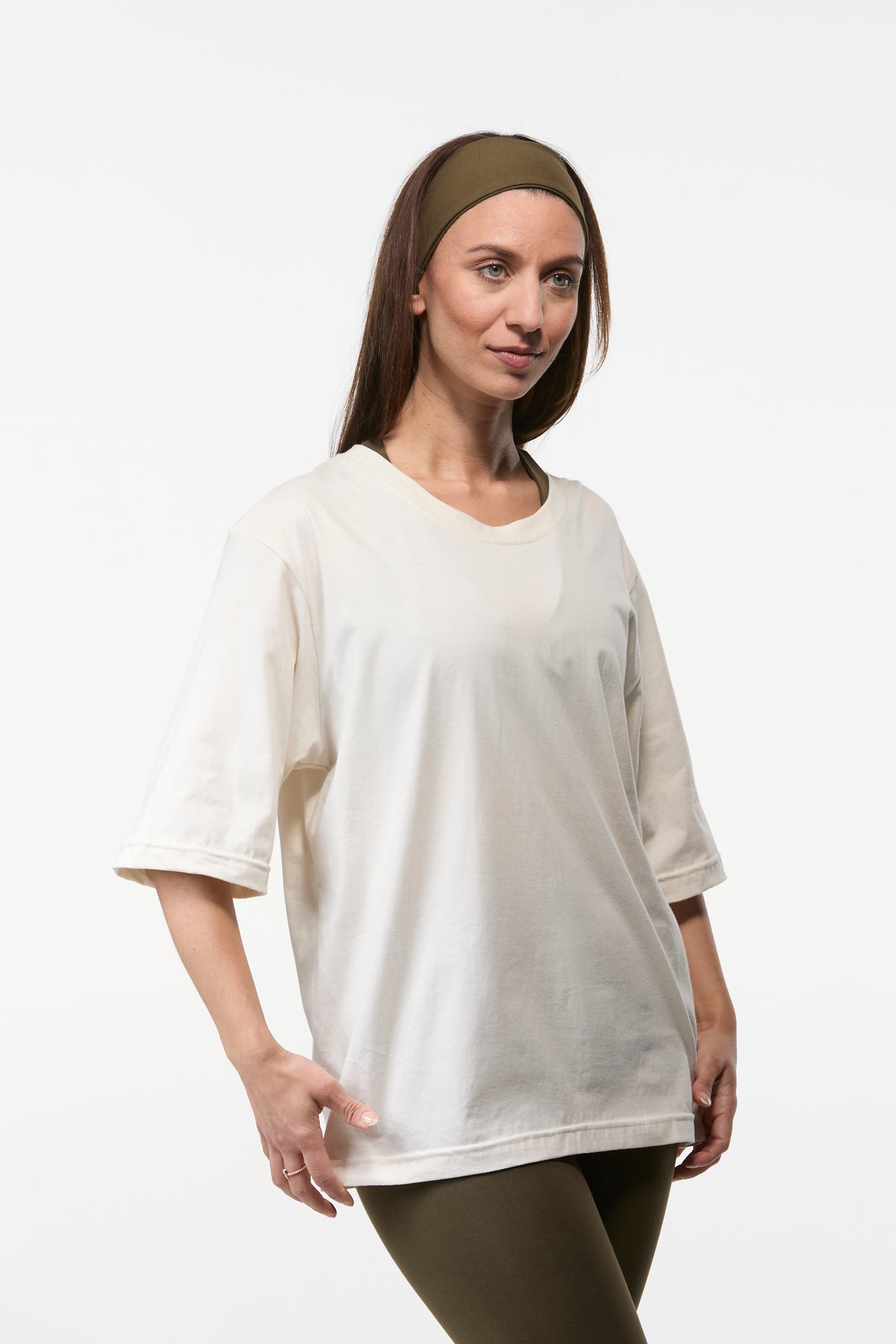 Front view of women’s oat  oversized 3/4 sleeve tee with soft drape and relaxed everyday fit
