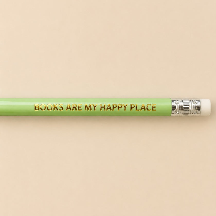 Luna &amp; Soul mint green wooden pencil with gold foil quote "Books Are My Happy Place".