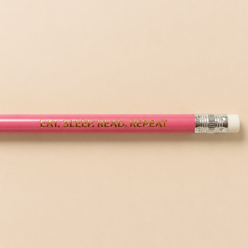 Luna &amp; Soul pink wooden pencil with gold foil quote "Eat, Sleep, Read, Repeat".