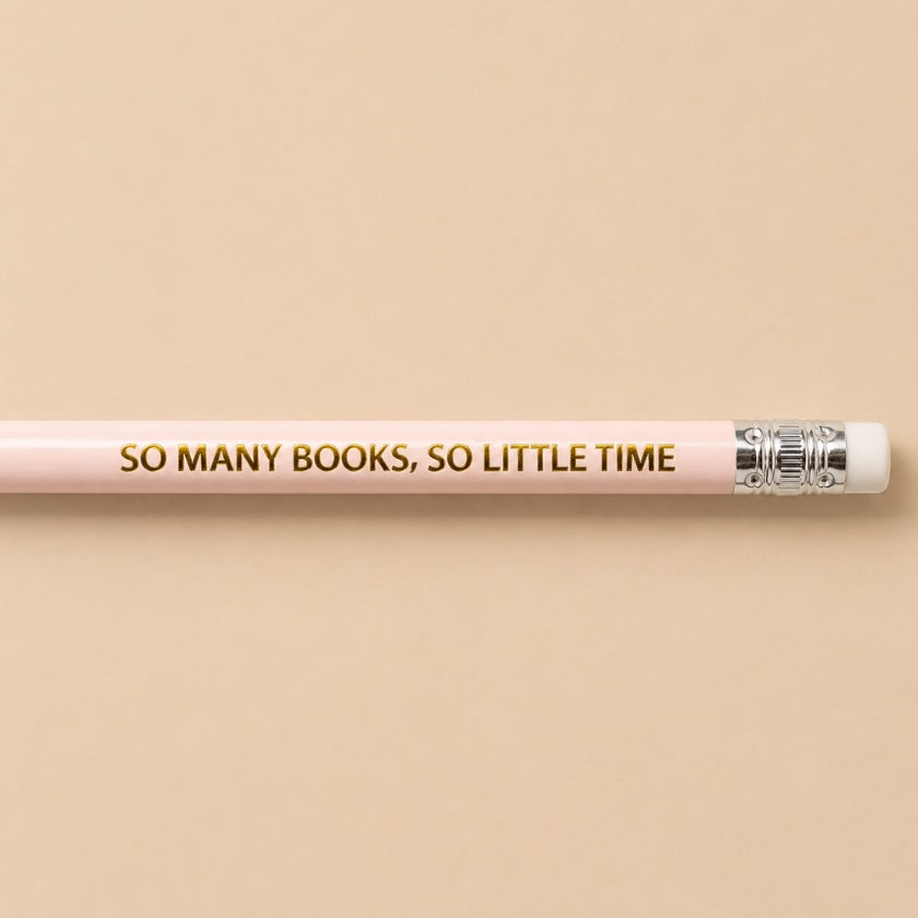 Luna &amp; Soul blush pink wooden pencil with gold foil quote "So Many Books, So Little Time".