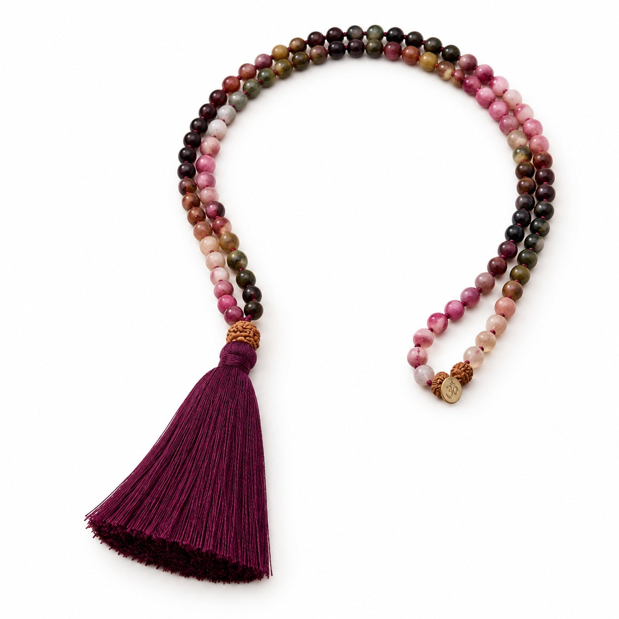 Pink Tourmaline and Rudraksha 108 bead mala necklace with AUM charm.